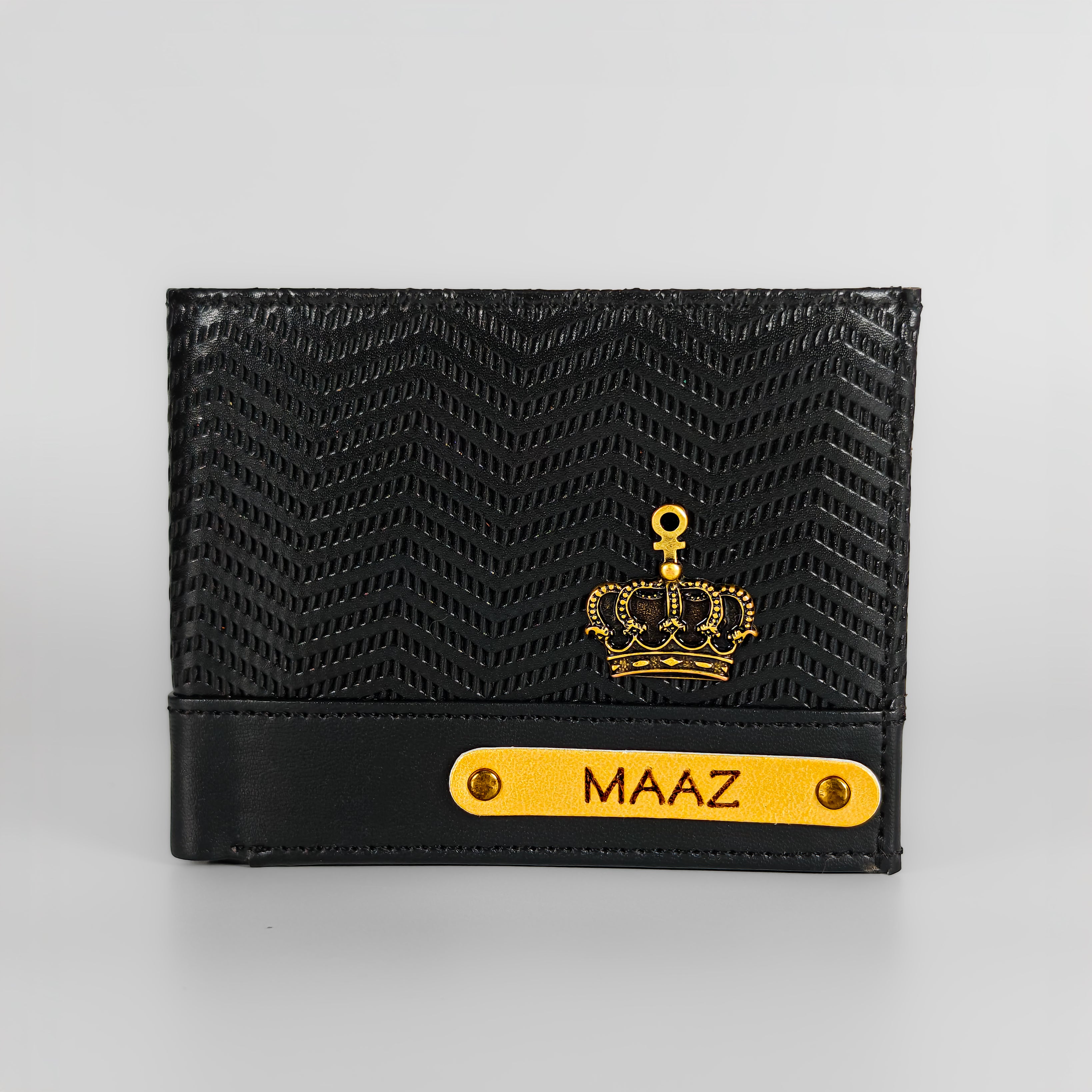 Personalized Black Zig - Zag  Genuine Leather Mens Wallet