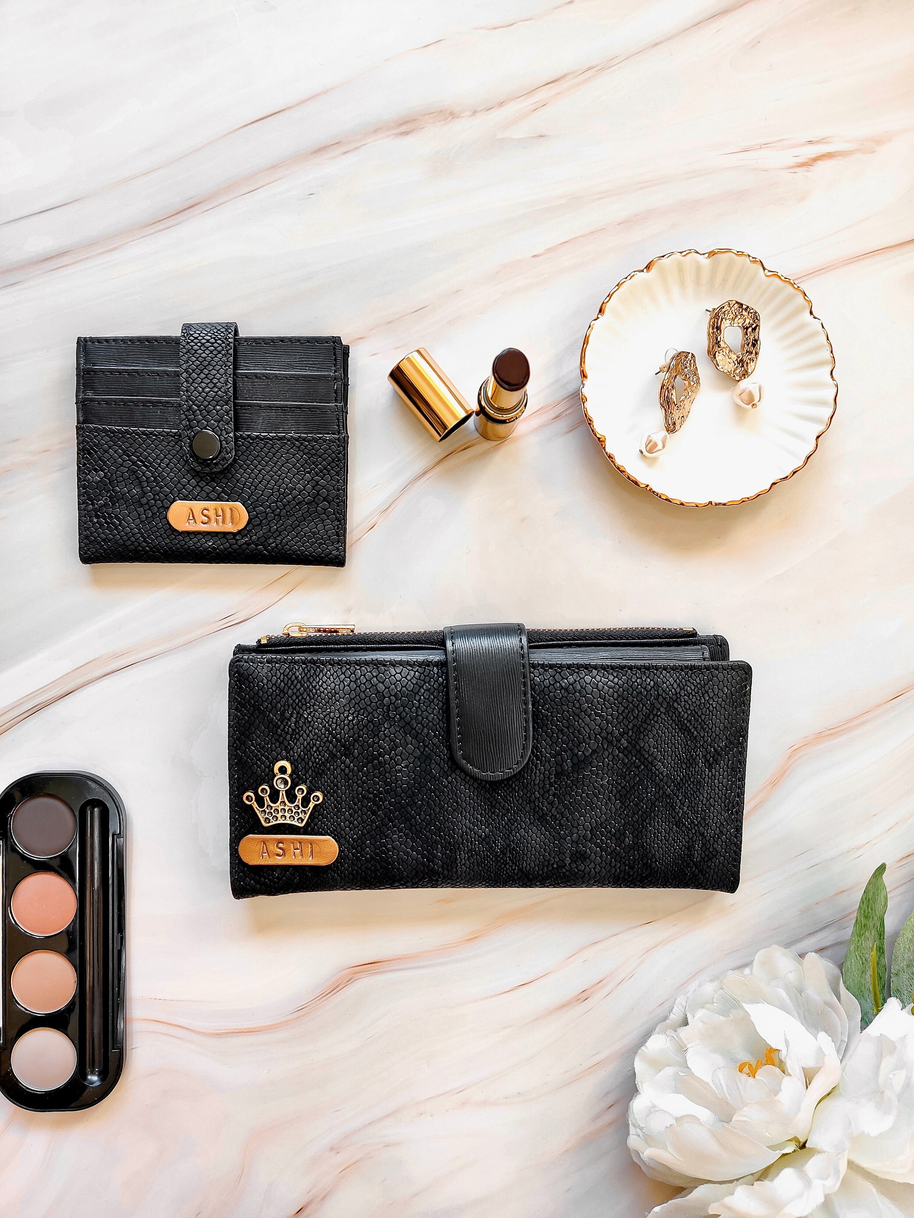 Personalized Women's Textured Wallet & Card Holder with Free Charm by TPC Gifts Black Colour