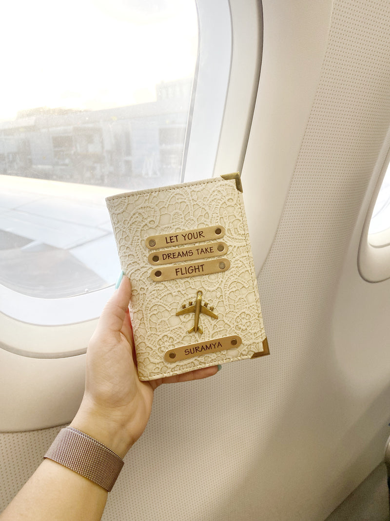 Personalized white passport cover by TPC Gifts in plane